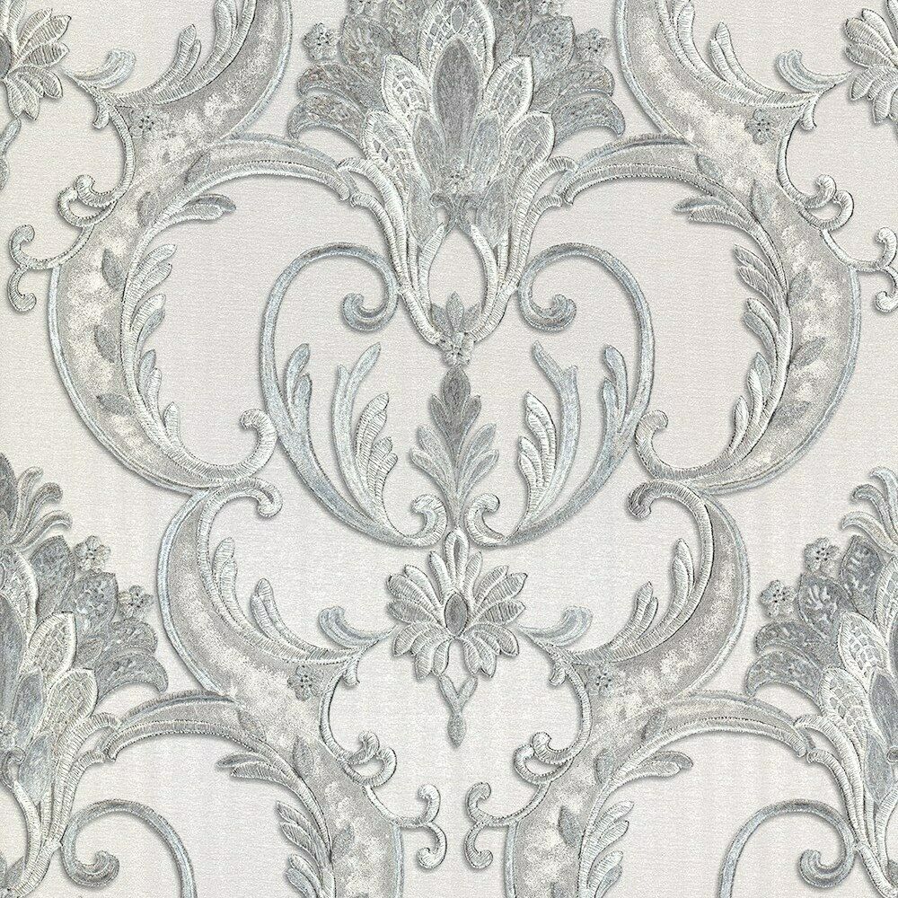 Perla Damask Grey Luxury Damask Vinyl Wallpaper 9091