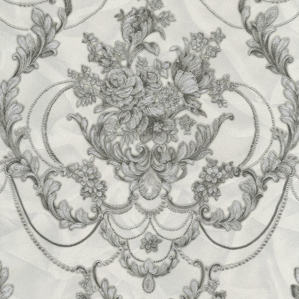 Perla II White & Silver Oriental Luxury Damask Vinyl Wallpaper 9085