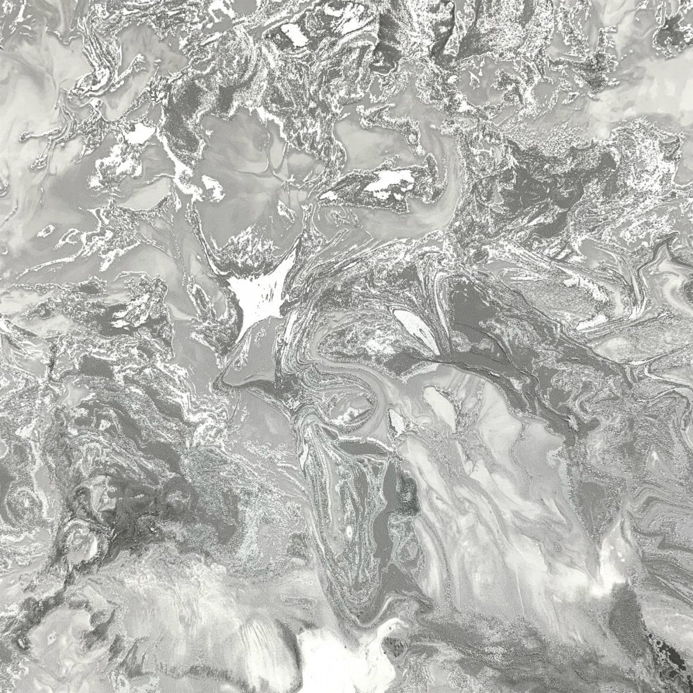 Liquid Swirl Marble Grey & Metallic Silver Wallpaper 6355