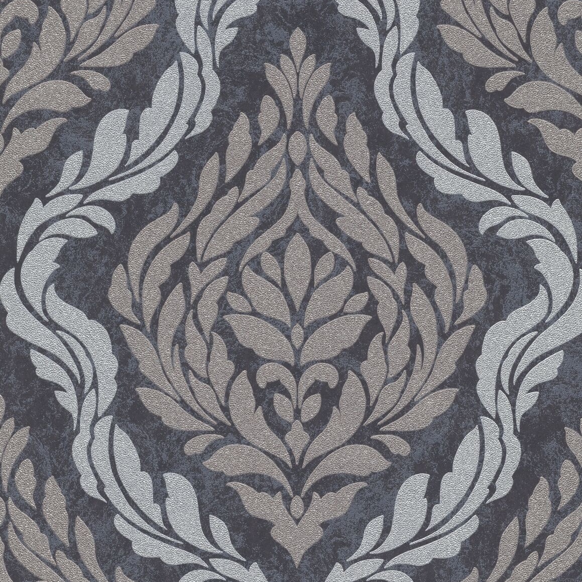 Carat Damask Navy/Black & Gold Beige Vinyl Wallpaper 10060-37