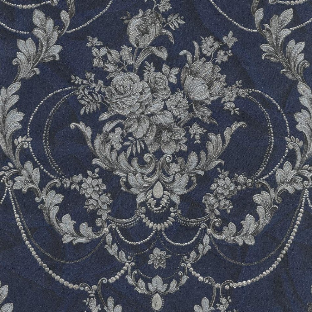 Perla II Navy & Silver Oriental Luxury Damask Vinyl Wallpaper 9086