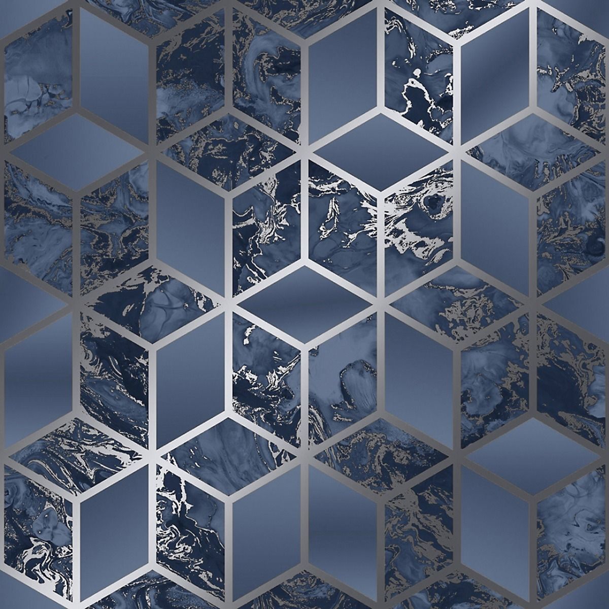 Elixir Cube Blue & Silver Geometric Wallpaper 166512